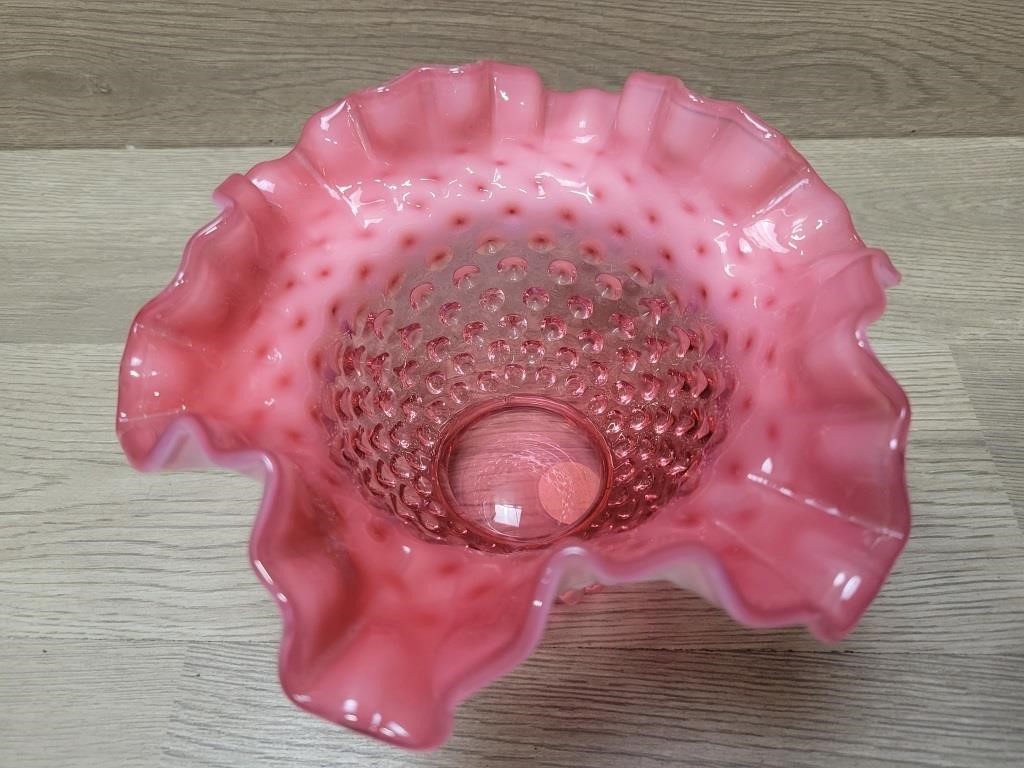 Fenton Ruffled Cranberry Hobnail Bowl