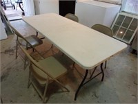 6 Foot Folding Plastic Table with 4 Tan Chairs
