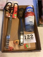 Scissor, tongs, slotted spoon, and water bottle