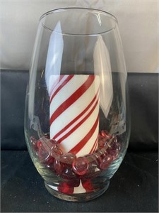Glass Vase with Glass Beads and Candle, 9'' Tall