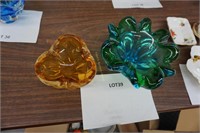 2-art glass bowls/ashtrays-blue & green 8.5" &