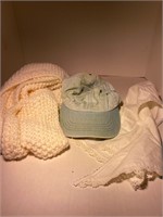 knit scarf denim hat & white lace collar