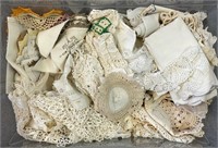 GOOD LARGE VINTAGE LINEN LOT W PLASTIC BIN &