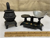 Miniature cast scales & stove(missing top)