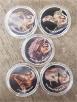 (5) SILVER PLATED Jurassic Times Tokens
