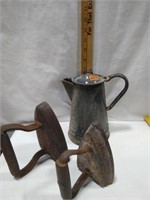 Vintage metal coffee pot, 2 flat irons