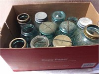 Box of vintage green canning jars