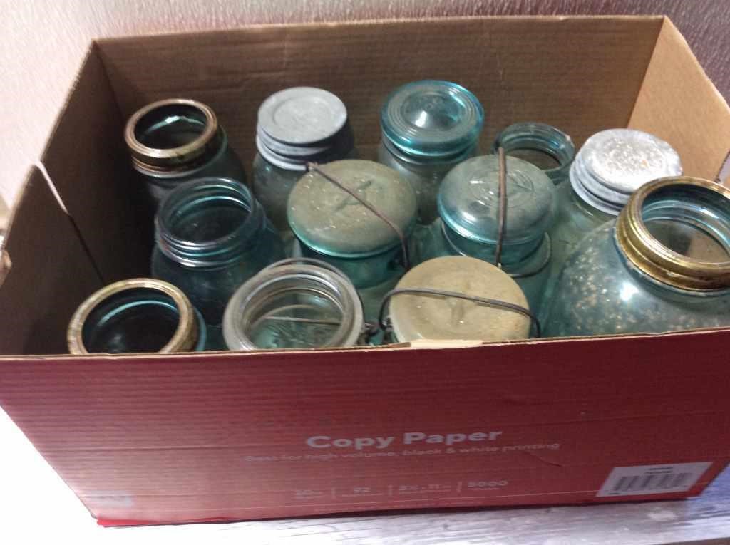 Box of vintage green canning jars