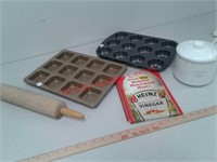 Kitchen items - rolling pin, muffin tins, Little