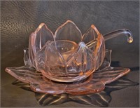 Vintage Pink Glass Lotus Blossom Bowl w/Spoon