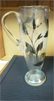 Vintage Glass Pitcher, Silver Overlay Green
