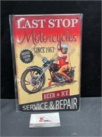 Metal last stop, motorcycles, pinup, girl sign