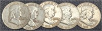 (5) Silver Franklin Half Dollars