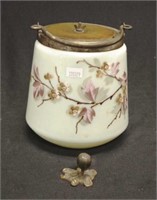 Early hand painted glass biscuit barrel