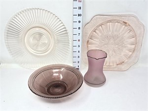 Colored Glass Plates, Bowl, & Vase