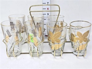 (7) Vintage Wheat & Leaf Pattern Glasses w/Holder