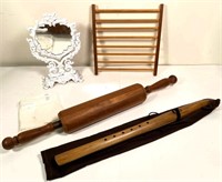 Native American wooden flute, rolling pin & more