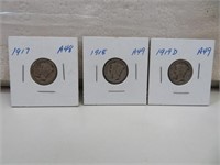 3 Silver Mercury Dimes (1917 - 1918 & 1919D)