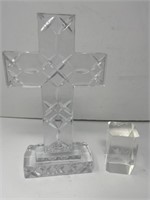 Lead Crystal Cross and 3D Etched Angel Cube