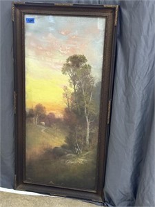 Pastel Drawing Of Farm And Woodland Scene At Sunse