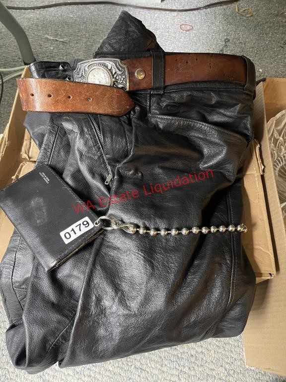 Sz 38 Regular Leather Pants, Belt, Bill Fold with