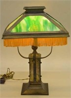 Mission Style Slag Glass Parlor Lamp w/Fringes