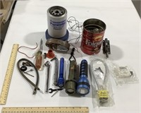 Lot of  tools, flashlights, filter, gun lock