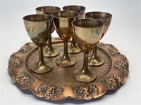 Six Vintage Goblets and Vintage Copper Platter