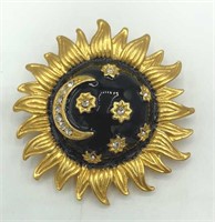 Black enamel Rhinestone Sun Moon Stars Brooch