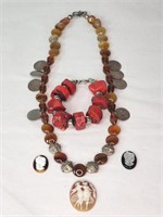 Vintage 925 necklace, red coral chunky bracelet