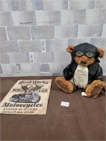 Motorcycle tin sign and teddy bear