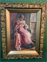 Oil on Board of Victorian Lady in Study w/Gilded