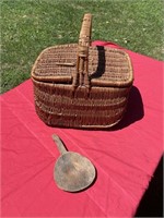 Vintage picnic basket, and wooden primitive
