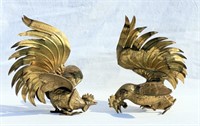 Pair of Brass Fighting Chickens One Wing Damaged