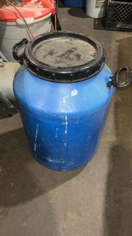 Blue plastic barrel with lid