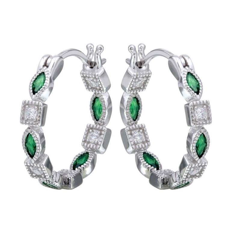 Sterling Silver Green Crystal Hoop Earrings