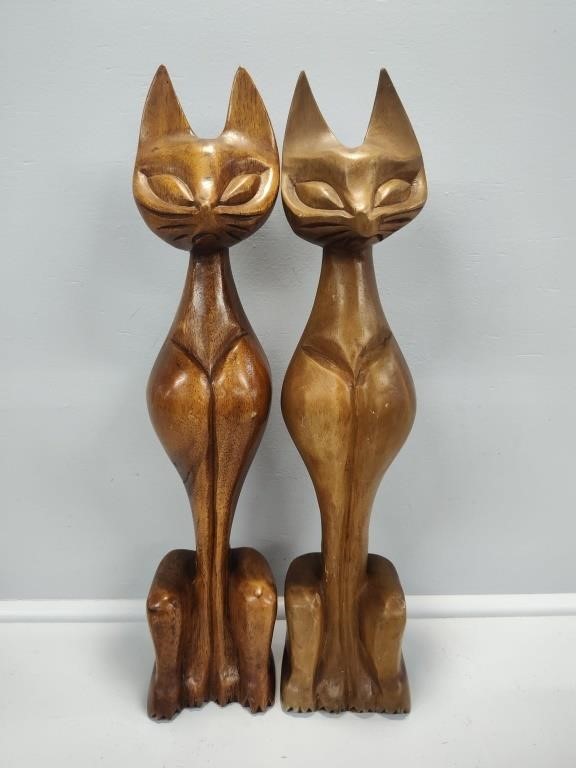 MCM Hand Carved Siamese Wood Cat Figurines
