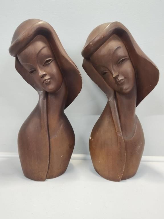 MCM Hand Carved Wooden Busts