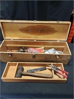 OLD WOOD TOOL BOX & CONTENTS
