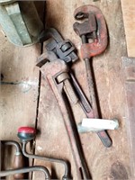 2 LARGE OLD PIPE WRENCHES & RIGID PIPE CUTTER