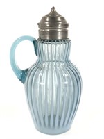 Opalescent Ribbed Blue Glass Syrup w Pewter Lid