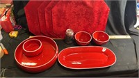 Red, placemats (4) chip dip bowl, serving dish