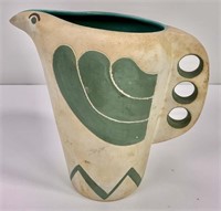 Pottery pitcher marked Kru-20, bird motif, green