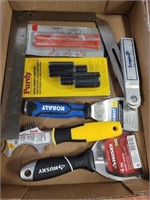 TRAY OF TOOLS, SCRAPER, MISC