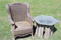 Vintage Wicker Chair, Side Table w/ Glass top