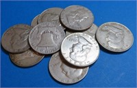 (10) Franklin Half Dollars - 90% Silver