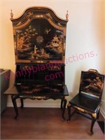 Exceptional Asian Secretary & Chair Black Lacquer