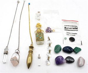 Crystal & Brass Pendulums, Stones & Perfume Bottle
