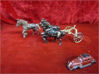 Cast iron horse toys and car.
