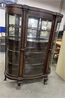 ANTIQUE CURVED GLASS CURIO CABINET VERY NICE W/KEY